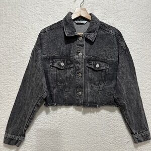 Highway Women's Black Faded Wash Cropped Frayed Hem Jeans Jacket Size Medium